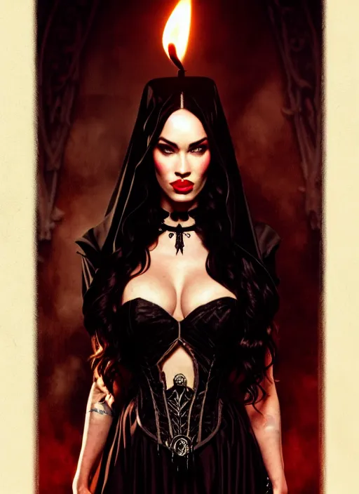 Prompt: megan fox witch queen, black eyes, blood, full body, intricate victorian dress, middle shot, cinematic lighting, symmetrical eyes, caravaggio, artgerm, joshua middleton, rafael albuquerque, moody lighting, candles