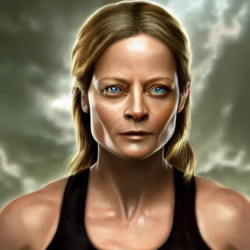 Prompt: jodie foster as lara croft, 8 k, realistic, high detail, hd face