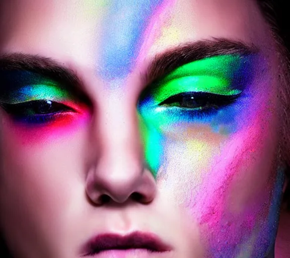 Prompt: extremely beautiful young man with hyperealistic glossy rainbow eyes, digital art, vivid background seductive look.