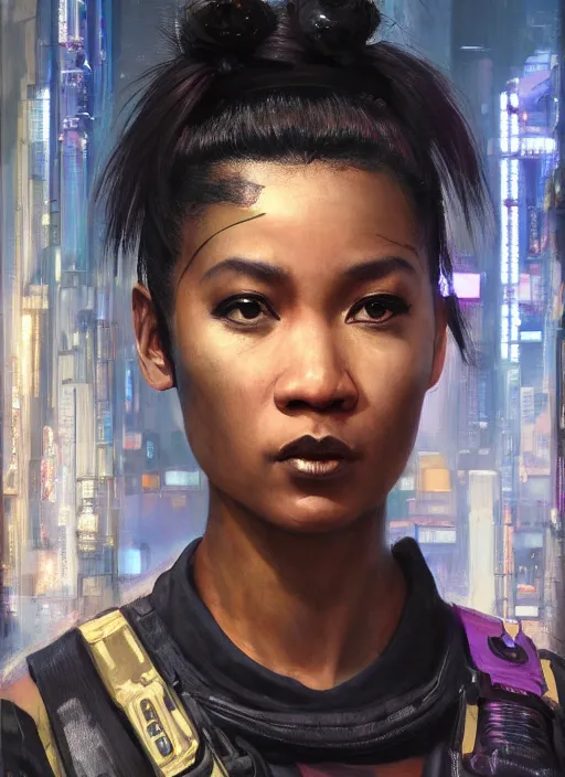 Prompt: black chun li. space buns. cyberpunk police trooper in a military vest ( blade runner 2 0 4 9, cyberpunk 2 0 7 7 ). orientalist portrait by john william waterhouse and james gurney and theodore ralli and nasreddine dinet, oil on canvas. cinematic, hyper realism, realistic proportions, dramatic lighting, high detail 4 k