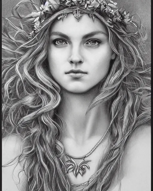 Image similar to pencil drawing of the very beautiful greek goddess aphrodite wearing a laurel wreath with arrowhead earrings, piercing eyes, beautiful flowing hair, hyper realistic face, in the style of greg rutkowski, fantasy, amazing detail, epic, elegant, smooth, sharp focus