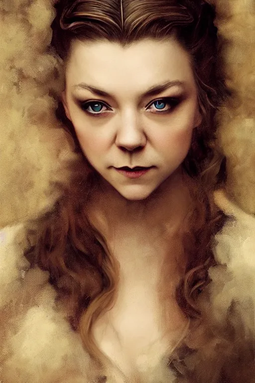 Image similar to a portrait of Natalie Dormer as an elegant beautiful dark bohemian vampire woman, smooth face, glamour shot, bored, illustration, dramatic lighting, soft details, painting oil on canvas, art nouveau, octane render, HDR, 4k, 8k, HD, by Edmund Blair Leighton, Brom, Charlie Bowater, trending on artstation,