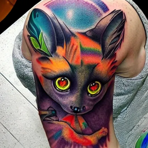 Prompt: shoulder tattoo of a multicolored trippy furry bushbaby with rainbow colored spiral eyes, surrounded with colorful shrooms and flowers, insanely integrate