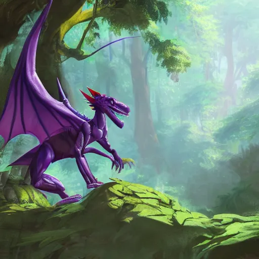 Image similar to concept art painting of an anthropomorphic purple humanoid bipedal dragon, in the deep forest, realistic, detailed, cel shaded, in the style of makoto shinkai and greg rutkowski and james gurney