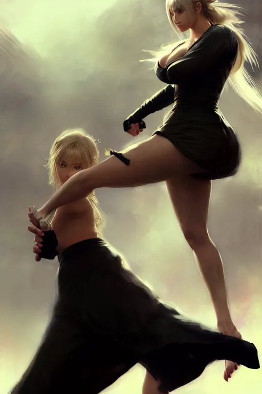 Prompt: Tekken 4 fighter anime Stunning Portrait Kate Upton with long black dress by Greg Rutkowski, blonde long hair, in a fighting stance, digital painting, artstation, concept art, soft light, hdri, smooth, sharp focus, illustration, art by tian zi, craig mullins, Mark Arian, WLOP, alphonse mucha