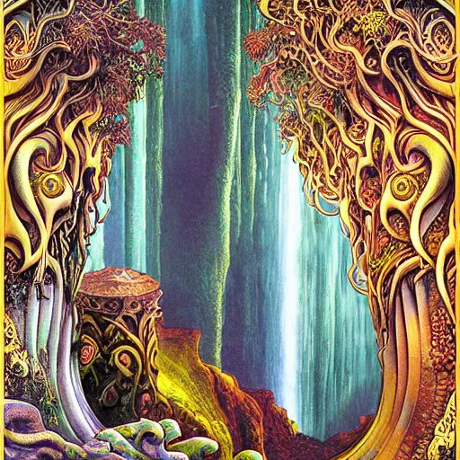 Prompt: waterfall panoramic lush art nouveau rich matte painting weird ornate by alex grey, antoni gaudi, m. c. escher, tomasz alen kopera, arthur adams, moebius, andreas rocha, lisa frank