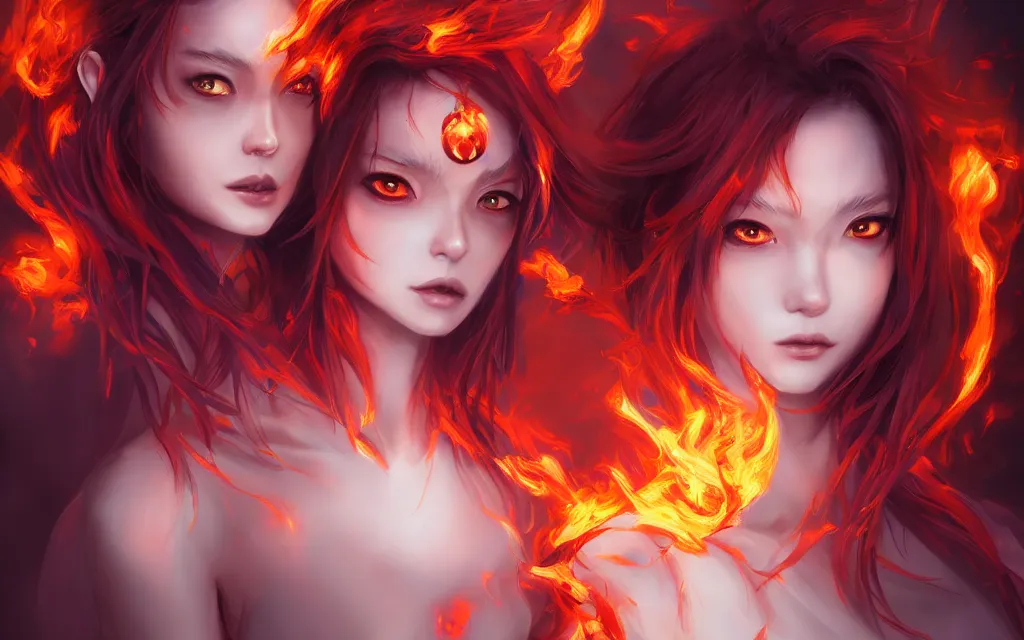 Image similar to A realistic anime portrait of a beautiful fire spirit twins with glowing red eyes and firey skin wearing clothes made of flames, digital painting, by Stanley Artgerm Lau, Sakimichan, WLOP and Rossdraws, digtial painting, trending on ArtStation, SFW version