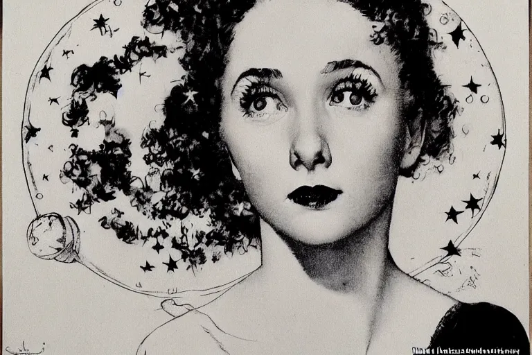 Prompt: portrait! of a bubbly!! young woman, in her 20s! red hair!! on a paper moon! black and white!! by norman rockwell!!!
