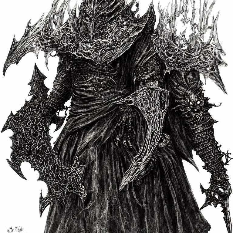 Prompt: Folk horror portrait of the ashen one from dark souls III (dark souls 3), detailed illustration by Yoshitaka Amano