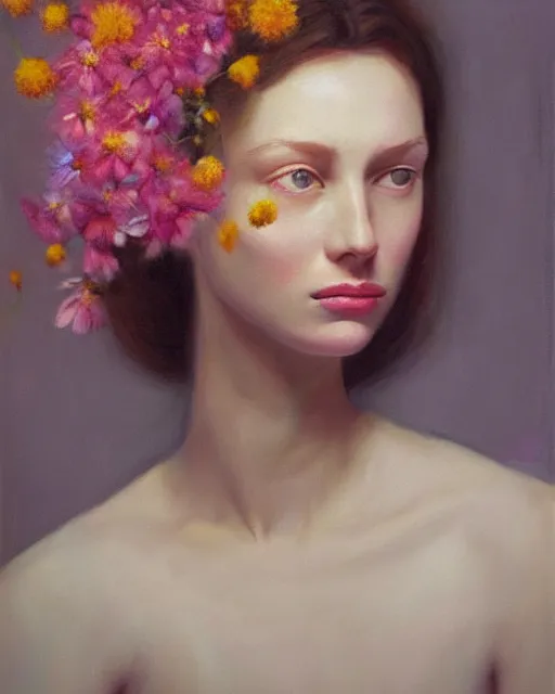 Prompt: portrait of a woman with flowers, may wilson, filonov, beautiful face, octane rendering