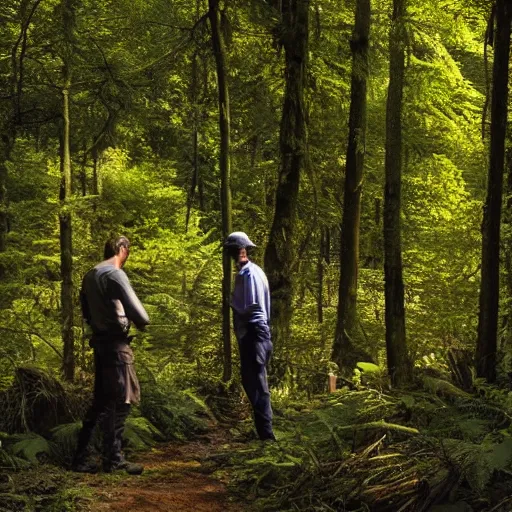 Image similar to two figures meeting in a sunny safe clearing in a dark dangerous forest