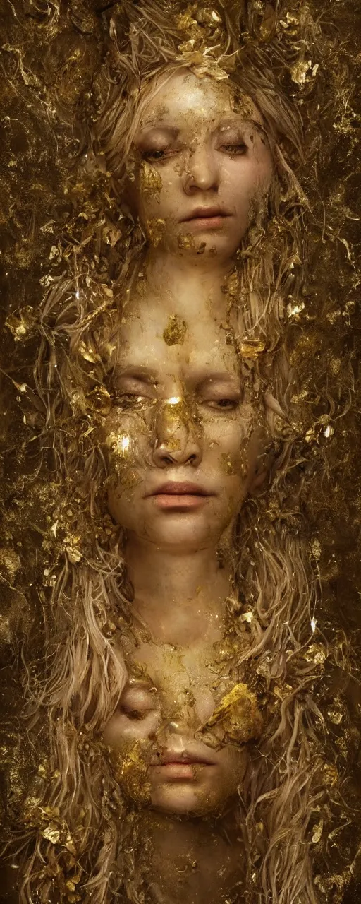 Image similar to portrait photo of a surreal goddess floating in the middle of a ancient wood, gold raining in the background, ultra super good realistic 3D render by Pete Morbacher and Emil Melmoth, insanely detailed, trending on artstation, sharp focus