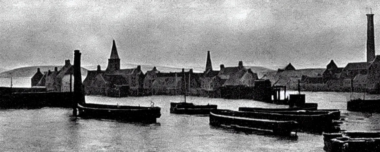 Prompt: the harbour at Stromness orkney, from Nosferatu (1922), cinematic,