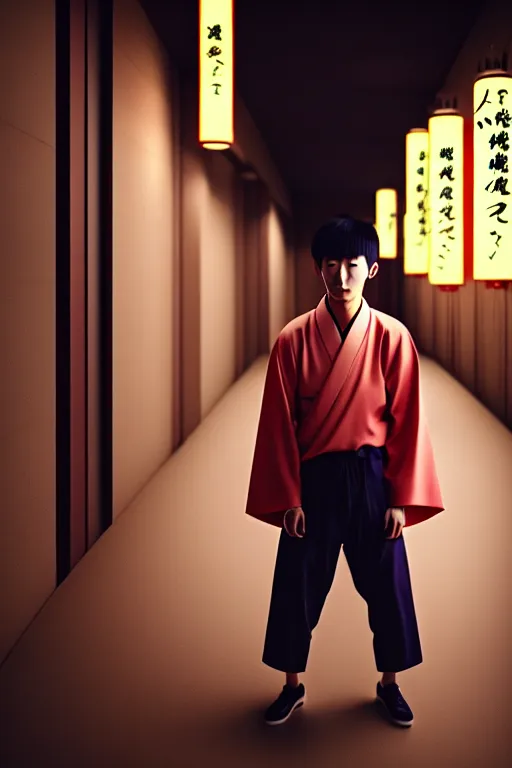 Image similar to photography masterpiece by haruto hoshi, flash photography portrait of young japanese man in kabuki cho, shot with a 3 5 mm lens aperture f / 5. 6, kodak ultramax iso 4 0 0 filmstock, subdued color, hyper realistic, octane render