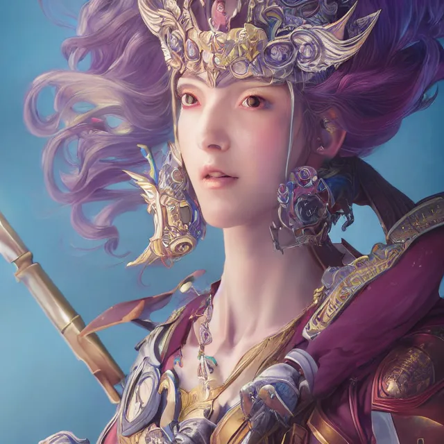 Image similar to studio portrait of lawful good colorful female holy mech paladin as absurdly beautiful, elegant, young sensual anime girl, ultrafine hyperrealistic detailed face illustration by kim jung gi, irakli nadar, intricate linework, sharp focus, bright colors, matte, octopath traveler, final fantasy, unreal engine highly rendered, global illumination, radiant light, intricate environment