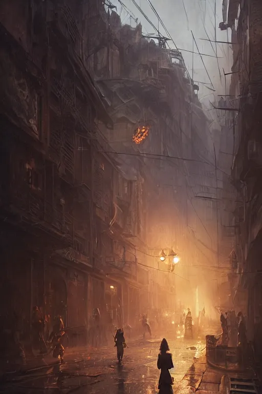 Image similar to a portrait of Jenifer Lawrence walking down the street of a steampunk city by Greg Rutkowski, Sung Choi, Mitchell Mohrhauser, Maciej Kuciara, Johnson Ting, Maxim Verehin, Peter Konig, final fantasy , mythical, 8k photorealistic, cinematic lighting, HD, high details, atmospheric,