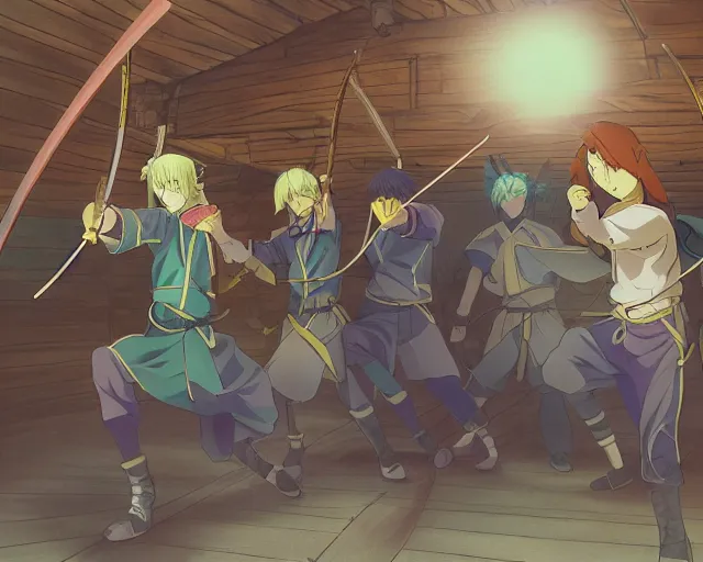 Prompt: cell shaded anime key visual of a group apprentice wizards training in an archery dojo in the style of studio ghibli, moebius, ayami kojima, makoto shinkai, dramatic lighting, clean lines