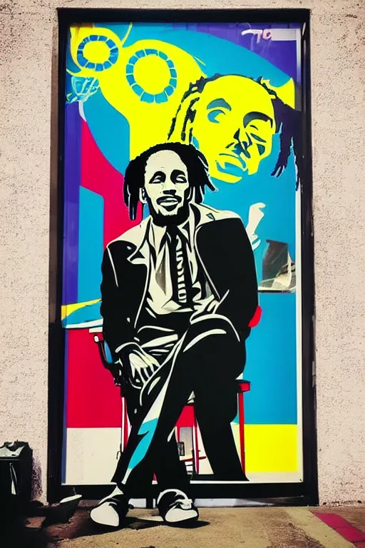 Image similar to bob marley sittin in front of barber shop!!! pop art, pixel, bioshock, gta chinatown, artgerm, richard hamilton, mimmo rottela, julian opie, aya takano, avoid duplicate!!!, avoid redudance!!!