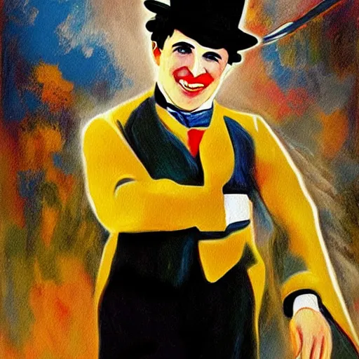 Prompt: Charlie chaplin in a beyblade battle painting