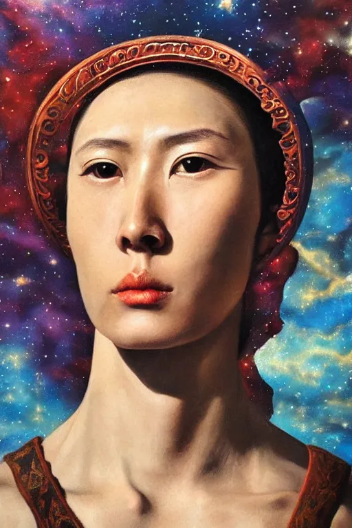 Image similar to hyperrealism oil painting, close - up portrait of medieval fashion model, warrior, steel gradient mixed with nebula sky, in style of baroque mixed with 7 0 s japan book art