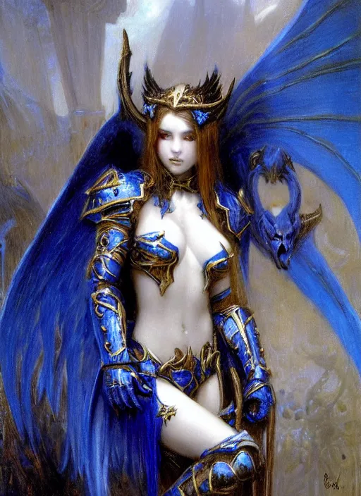 Image similar to angel knight gothic girl in dark and blue dragon armor. by gaston bussiere