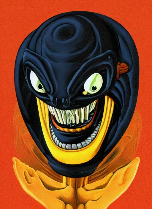 Image similar to a close up of a xenomorph face on a yellow background, an airbrush painting by osamu tezuka, behance, mingei, logo, concert poster, poster art