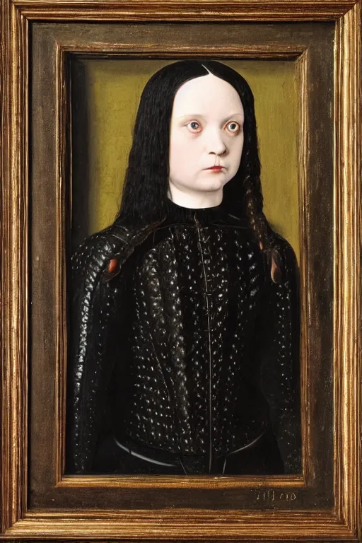 Prompt: portrait of wednesday addams, oil painting by jan van eyck, northern renaissance art, oil on canvas, wet - on - wet technique, realistic, expressive emotions, intricate textures, illusionistic detail