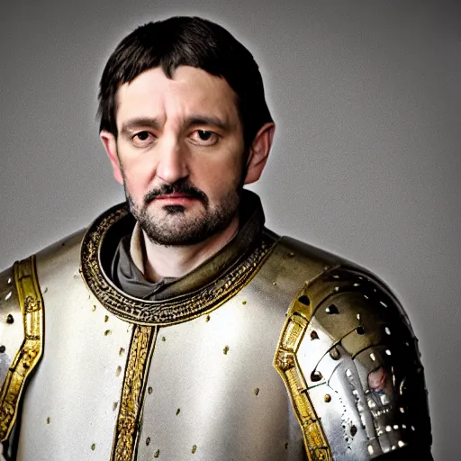 Prompt: richard iv the roman king photo, real human, soft studio lighting, 6 0 mm lens in full armor, cashmere hairs, golden crown
