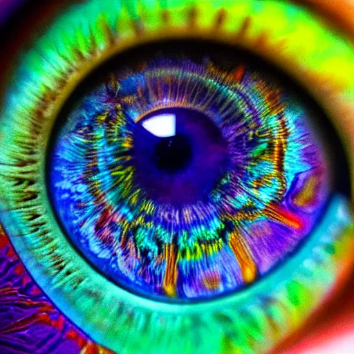 Image similar to closeup of iris of an eye, colorful, hyper - detailed, sharp, macro, realistic, psychedelic