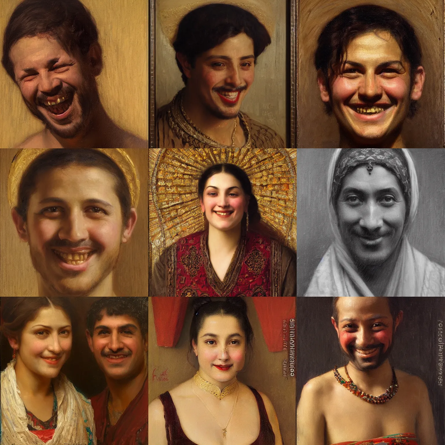 Prompt: orientalism face portrait deranged smile by Edwin Longsden Long and Theodore Ralli and Nasreddine Dinet and Adam Styka, masterful intricate art. Oil on canvas, excellent lighting, high detail 8k