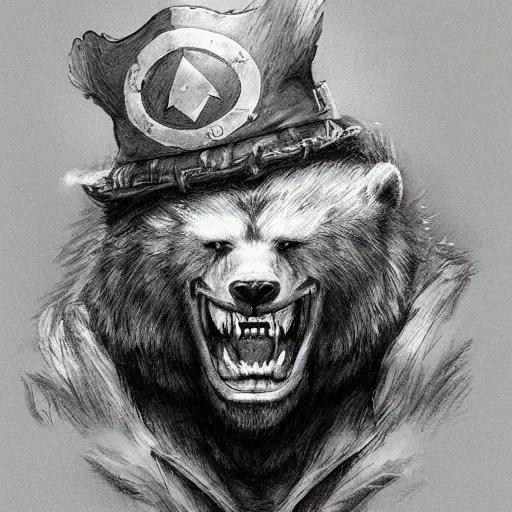 Image similar to dashing charming grinning charismatic bear beast-man rogue, wearing captain's tricorne hat, naval background, amazing, lifelike award winning pencil illustration trending on art station artgerm Greg rutkowski cinematic