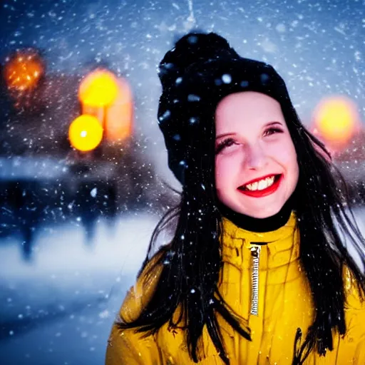 Prompt: a smiling goth girl on a snowy night, close-up, yellow street lights in the background