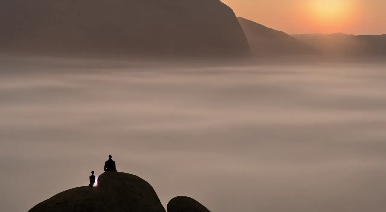 Image similar to matthew snowden painting style a lonely silhouette of a meditating monk sitting in the fog on a stone protruding from the water in the rays of the morning sun, the focus of the camera on the monk.