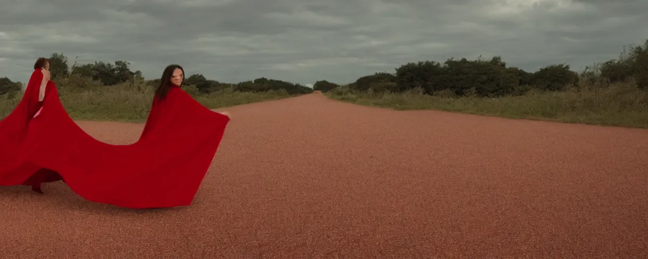 Prompt: A woman in an endless red cape like a ribbon twirling towards the horizon, like a giant sprawled red road, film still, realistic, cloth