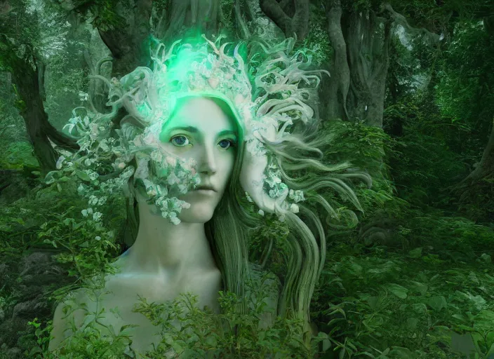 Image similar to an idealistic marble statue with fractal flowery hair and fair porcelain face and green eyes, in a magical forest, painted by, mc escher, gordon onslow ford, georgia o'keeffe and ivan aivazovsky, cinematic light, god rays, colourful, unreal engine, zbrush central,