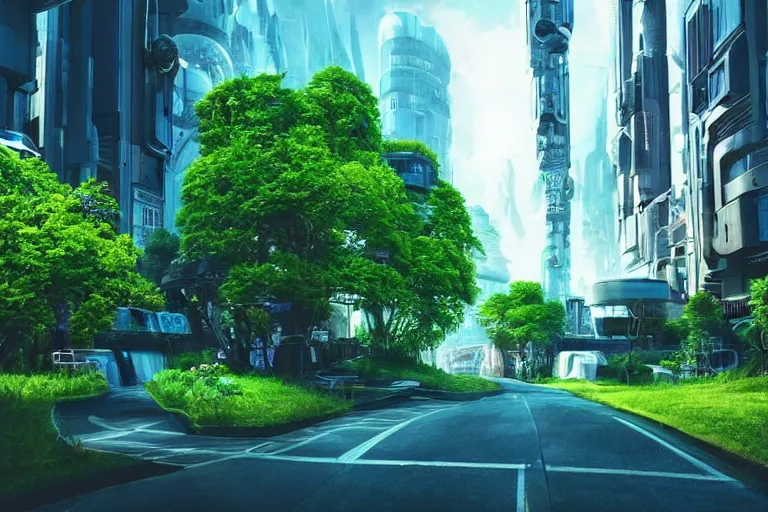 Image similar to a cinematic wideangle photograph of a utopian futuristic city street, green plants, blue sky, beautiful lighting, ultra realistic, movie still, futuristic utopia, ultra realistic