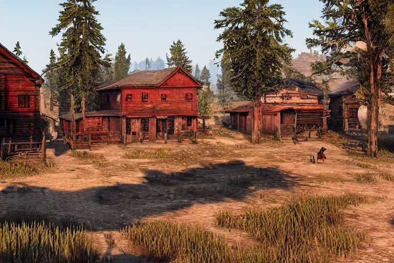 Prompt: A beautiful photo of a Red Dead Redemption town by Ivan Shishkin, 3D render