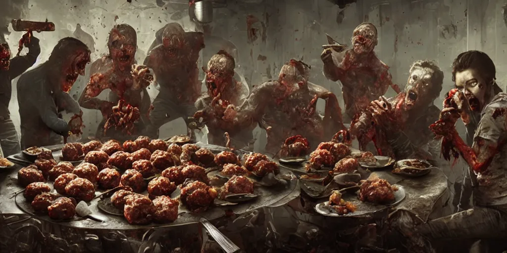 Image similar to zombies from resident evil eating meatballs, Greg Rutkowski, Darek Zabrocki, Karlkka, Jayison Devadas, Phuoc Quan, trending on Artstation, 8K, ultra wide angle, pincushion lens effect.