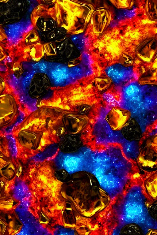 Prompt: An elemental firestone covered in liquid art. aflame. Ruby Stone. Liquid Gold. Lava. Crystal structure. Hexagon Shapes. Glowing Hot. Snail Shell. Melting. Intricate. Hyper Real. 4K. Octane Render. Empty Background. Black Background.