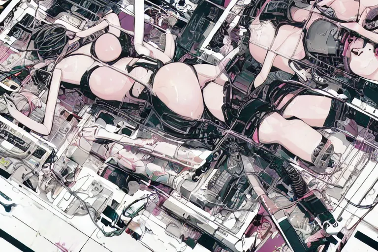 Image similar to a cyberpunk illustration of a group of female androids in style of masamune shirow, lying on an abstract, empty, white floor with their body parts scattered around in various poses and cables and wires coming out, by yukito kishiro and katsuhiro otomo, hyper-detailed, intricate, view from above