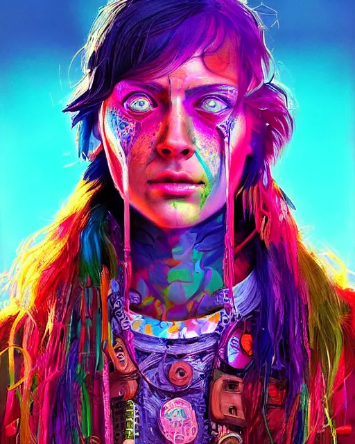 Prompt: colorful character portrait of a hippie from the future, set in the future 2 1 5 0 | highly detailed face | very intricate | symmetrical | professional model | cinematic lighting | award - winning | painted by mandy jurgens | pan futurism, dystopian, bold colors, cyberpunk, groovy vibe, anime aesthestic | featured on artstation
