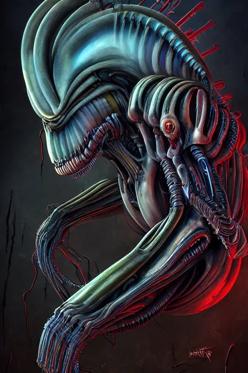 Prompt: horrifying cinematic neon acid biomechanical xenomorph poster, hybrid from doom and art direction by h r giger ; by artgerm ; wayne reynolds art station ; cinematic quality character render ; low angle ; ultra high quality model ; production quality cinema model ;