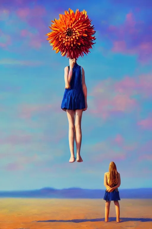 Image similar to closeup giant dahlia flower head, girl standing on beach, surreal photography, blue sky, sunrise, dramatic light, impressionist painting, digital painting, artstation, simon stalenhag