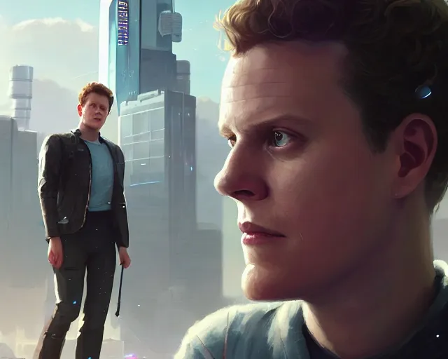 Image similar to highly detailed portrait of jonathan groff as an android, in detroit : become human, stephen bliss, unreal engine, fantasy art by greg rutkowski, loish, rhads, ferdinand knab, makoto shinkai and lois van baarle, ilya kuvshinov, rossdraws, tom bagshaw, global illumination, radiant light, detailed and intricate environment