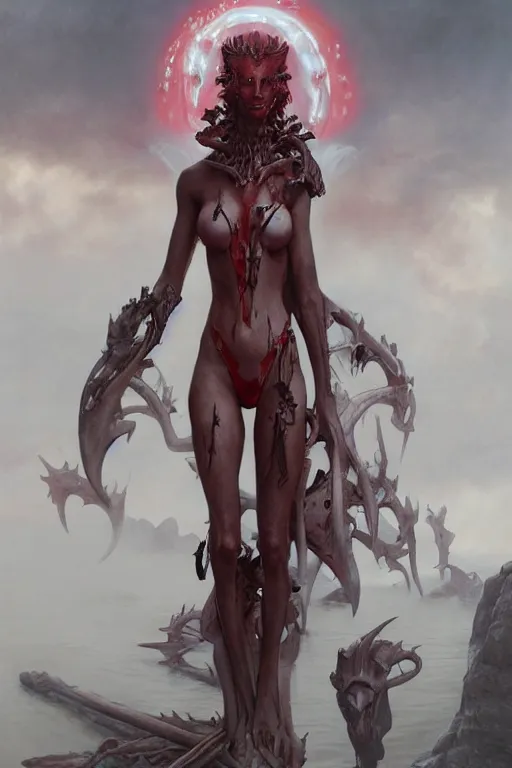 Prompt: Portrait of beautiful pale warhammer 40000 goth maiden in latex bikini, dark fantasy, red light, digital illustration, intricate, highly detailed, smooth, artstation, painted by Wayne Barlowe and Greg Rutkowski and zdislav beksinski and Ruan Jia and Mandy Jurgens and Artgerm and william-adolphe bouguereau
