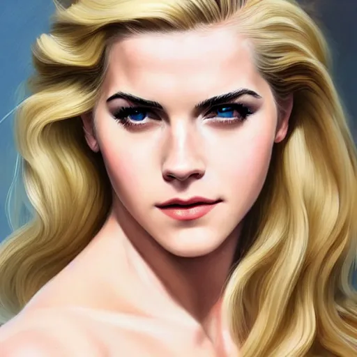 Image similar to A combination of Katheryn Winnick's and Grace Kelly's and Emma Watson's faces with blonde hair as Solid Snake from Metal Gear Solid, full body, western, D&D, fantasy, intricate, elegant, highly detailed, digital painting, artstation, concept art, matte, sharp focus, illustration, art by Artgerm and Greg Rutkowski and Alphonse Mucha