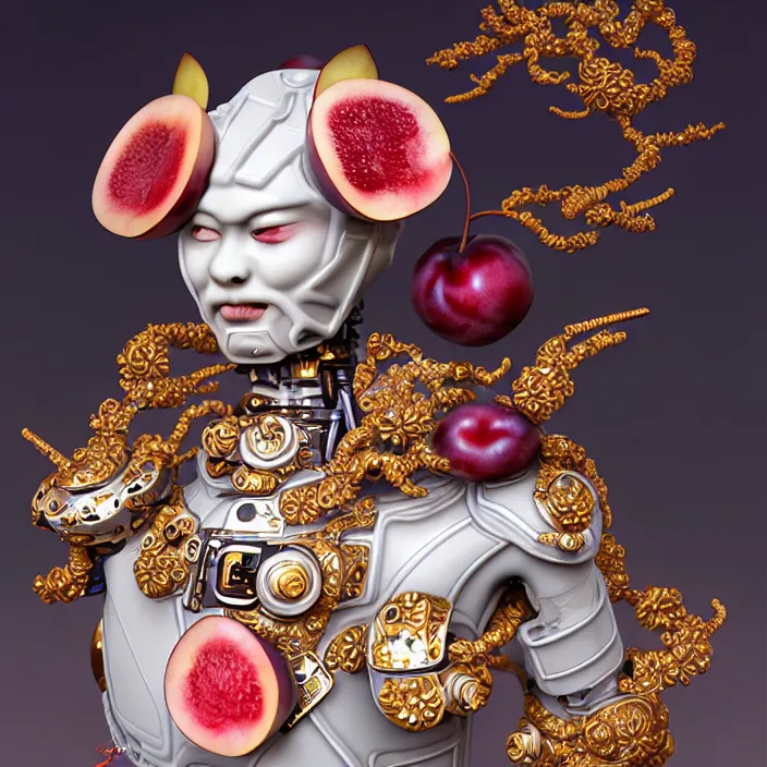 Prompt: ceramic cyborg, Kakiemon design with plums and stylized flowers in glaze and gilding, diffuse lighting, fantasy, intricate, elegant, highly detailed, lifelike, photorealistic, digital painting, artstation, illustration, concept art, smooth, sharp focus, art by John Collier and Albert Aublet and Krenz Cushart and Artem Demura and Alphonse Mucha