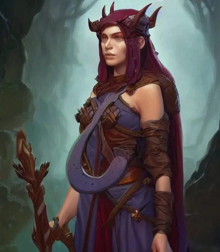 Image similar to Attractive Tiefling Druid,fully clothed,modest,with armor, dungeons and dragons portrait, highly detailed, digital painting, artstation, concept art, sharp focus, illustration, art by artgerm and greg rutkowski and alphonse mucha