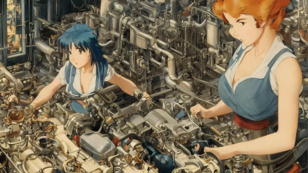 Image similar to a film still of a 1 9 5 0's mechanic anime girl working on a giant computer, finely detailed features, full body mid shot, perfect art, in the science laboratory, trending on pixiv fanbox, painted by gaston bussiere, makoto shinkai, akihiko yoshida, gaston bussiere, craig mullins, studio ghibli