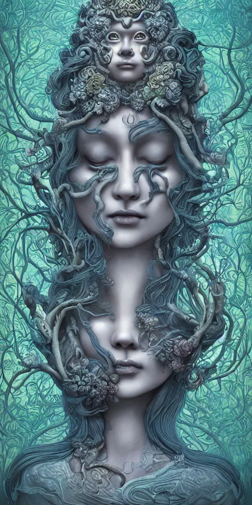 Image similar to a sculpture of mythical creatures by hannah yata, elegant and beautiful female face with her third eye open, carved in stone, intricate, elegant, highly detailed, digital painting by audrey kawasaki, artstation, concept art, ambient occlusion, vray render,